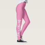 Pink Chic Stylish Custom Name Workout Yoga Sports Leggings<br><div class="desc">Custom, personalised, beautiful, elegant white on dark pink typography script, cool, chic, stylish, modern, trendy, breatheable, hand sewn, womens full length fashion travel party workout sports yoga gym running leggings pants, that stretches to fit your body, hugs in all the right places, bounces back after washing, and doesn't lose their...</div>