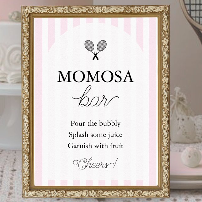 Pink Chic Tennis Baby Shower Momosa Bar Sign (elegant light pink and white striped baby shower sign for tennis theme girly momosa bar in frame)