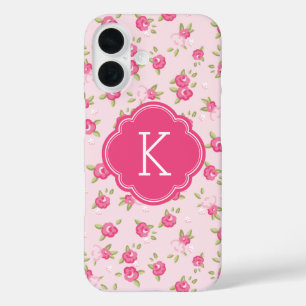Pink Chic Vintage Floral Print Monogram iPhone 16 Case
