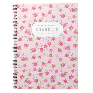Pink Chic Vintage Floral Print Monogram Notebook