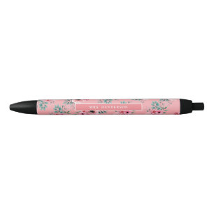 Pink Chic Watercolour Floral Personalised Black Ink Pen