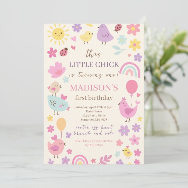 Pink Chicken 1st Birthday Party Invitation (Standing Front)
