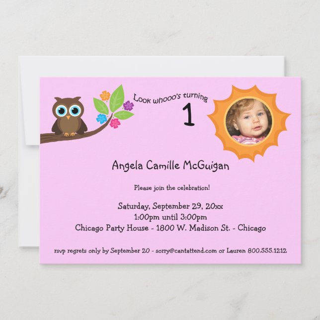 Pink Children's Birthday Party Owl Photo Invite (Front)
