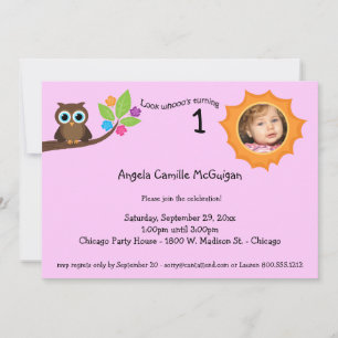 Pink Children's Birthday Party Owl Photo Invite