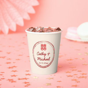 Pink Chinese wedding double happiness stamp logo Paper Cups