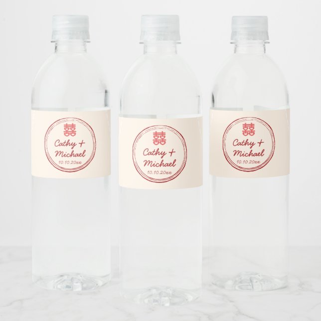 Pink Chinese wedding double happiness stamp logo Water Bottle Label (Bottles)