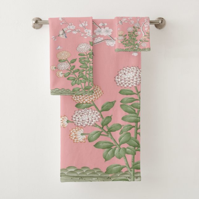 Pink Chinoiserie 3 Piece Luxury Bath Towel Set (Insitu)