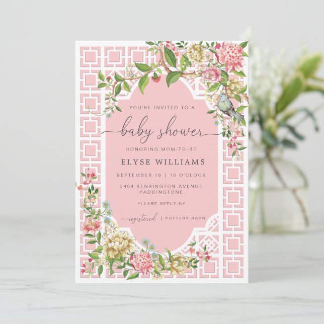 Pink Chinoiserie Baby Shower Invitation - Trianon (Standing Front)