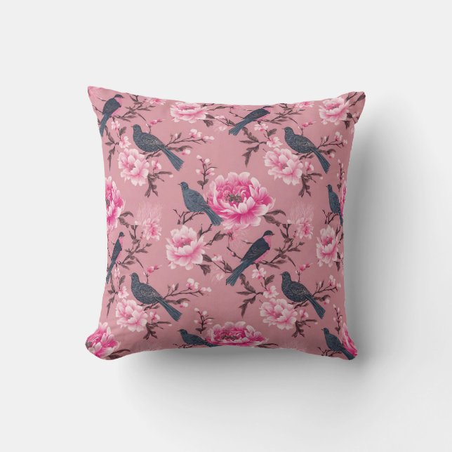 Pink Chinoiserie bird floral  Cushion (Front)