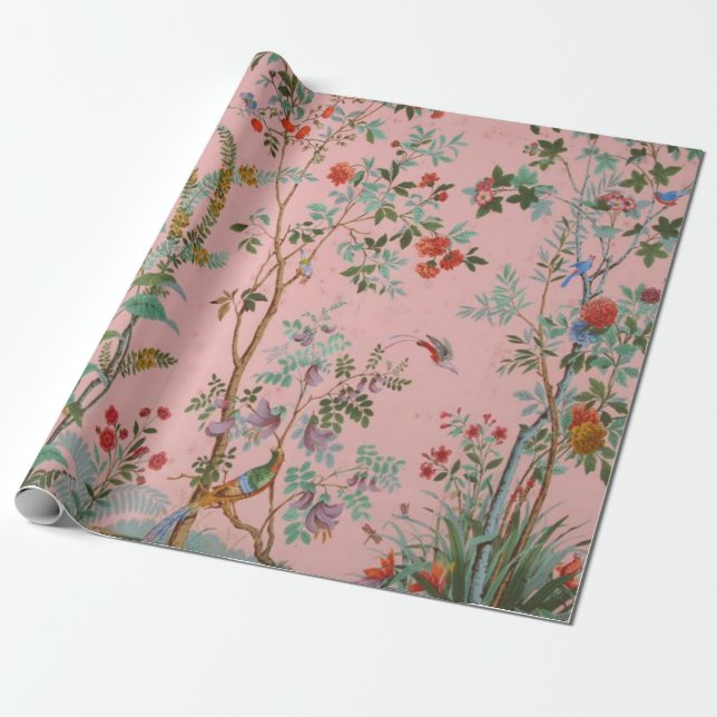 Pink Chinoiserie Bird Floral Elegant Decoupage  Wrapping Paper (Unrolled)