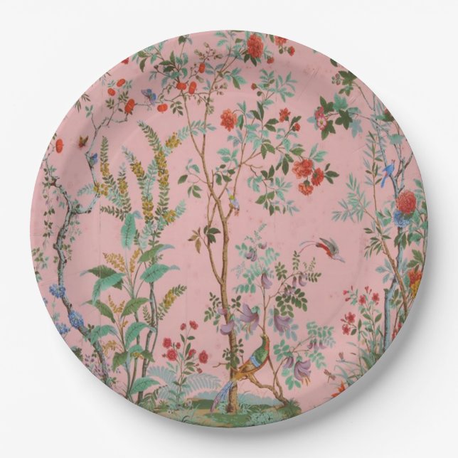 Pink Chinoiserie Bird Floral Elegant  Paper Plate (Front)