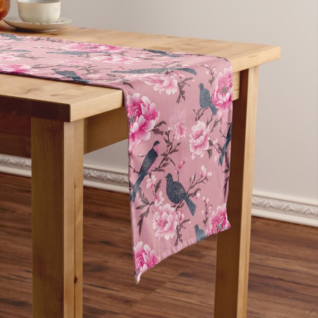Pink Chinoiserie bird floral  Long Table Runner (In Situ)