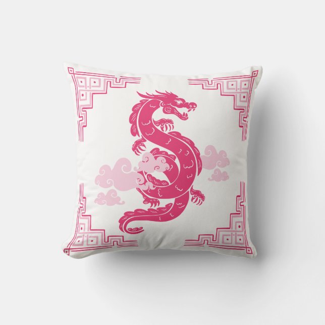 Pink Chinoiserie Dragon and Clouds Cushion (Front)