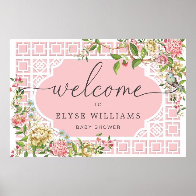 Pink Chinoiserie Floral Baby Shower Welcome Sign (Front)