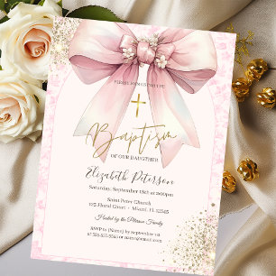 Pink Chinoiserie Floral Bow Gold Cross  Invitation