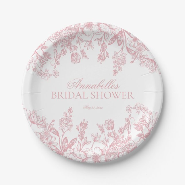 Pink Chinoiserie Floral Bridal Shower Dessert Paper Plate (Front)