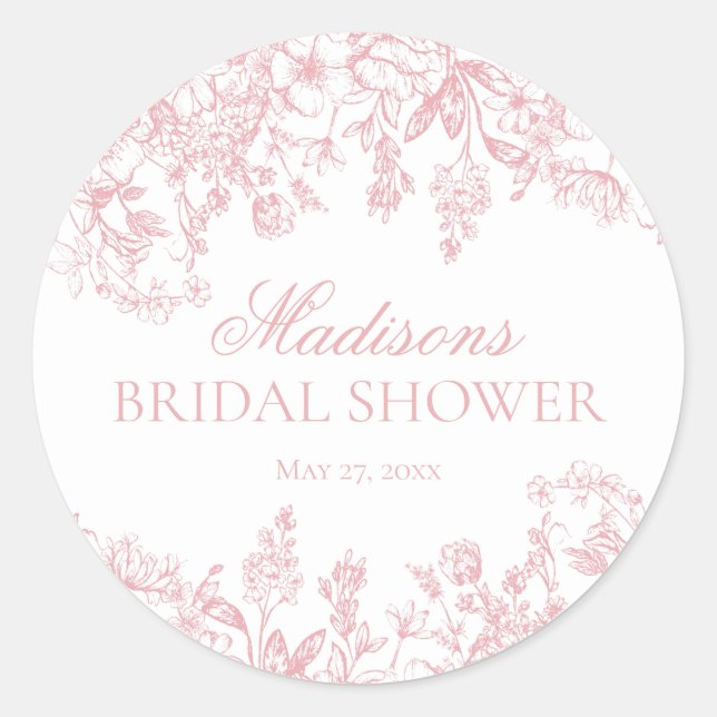 Pink Chinoiserie Floral Bridal Shower Envelope Classic Round Sticker (Front)