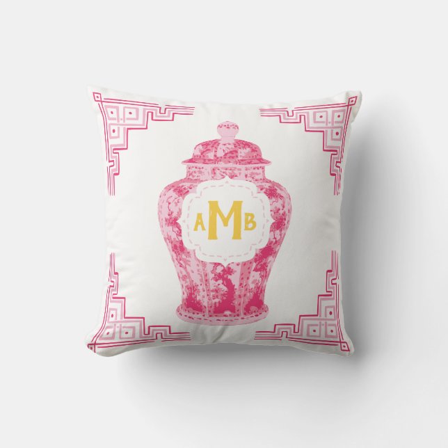 Pink Chinoiserie Ginger Jar Monogram Cushion (Front)