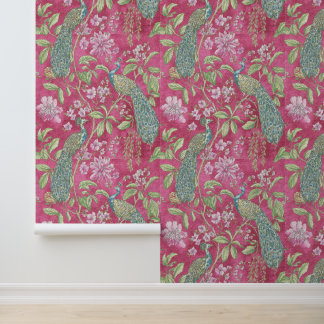 Pink Chinoiserie peacock floral peel and stick Wallpaper