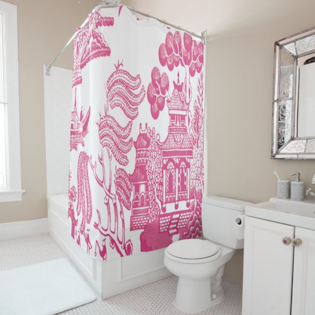 Pink Chinoiserie Shower Curtain (In Situ)