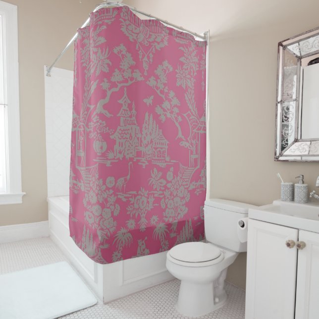 Pink Chinoiserie Shower Curtain (In Situ)