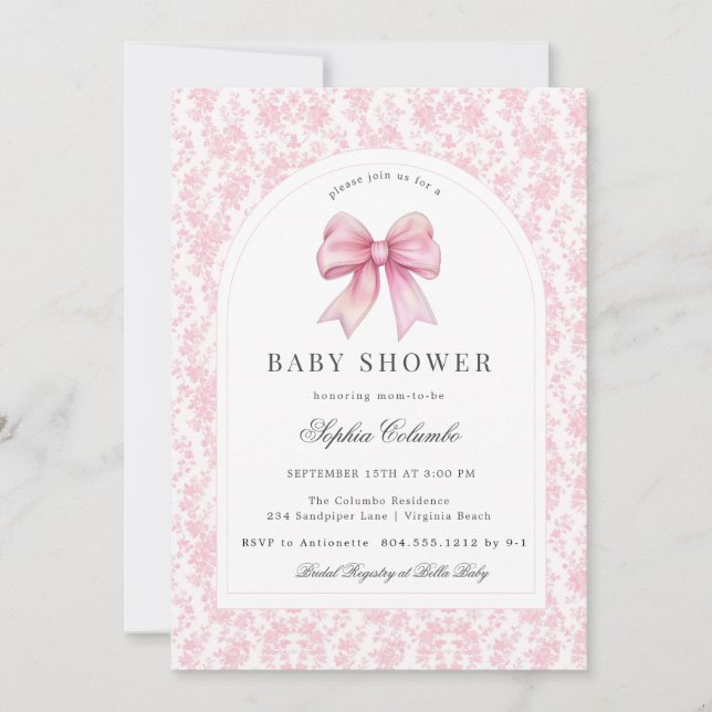 Pink Chinoiserie Toile Coquette Bow Baby Shower  Invitation (Front)