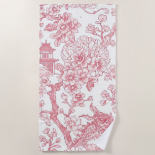Pink Chinoiserie Toile Dragon Cherry Blossom Beach Towel