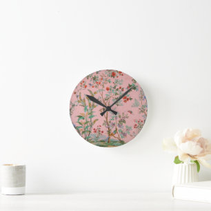 Pink Chinoiserie Toile Floral Round Clock