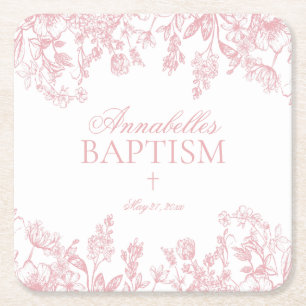 Pink Chinoiserie Vintage Floral Baptism Table Deco Square Paper Coaster