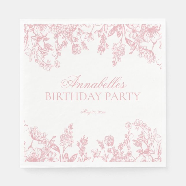 Pink Chinoiserie Vintage Floral Birthday Dessert Napkin (Front)