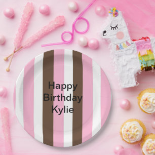 Pink, Chocolate and White Stripes Birthday Paper Plate