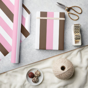 Pink, Chocolate and White Stripes Birthday Wrapping Paper