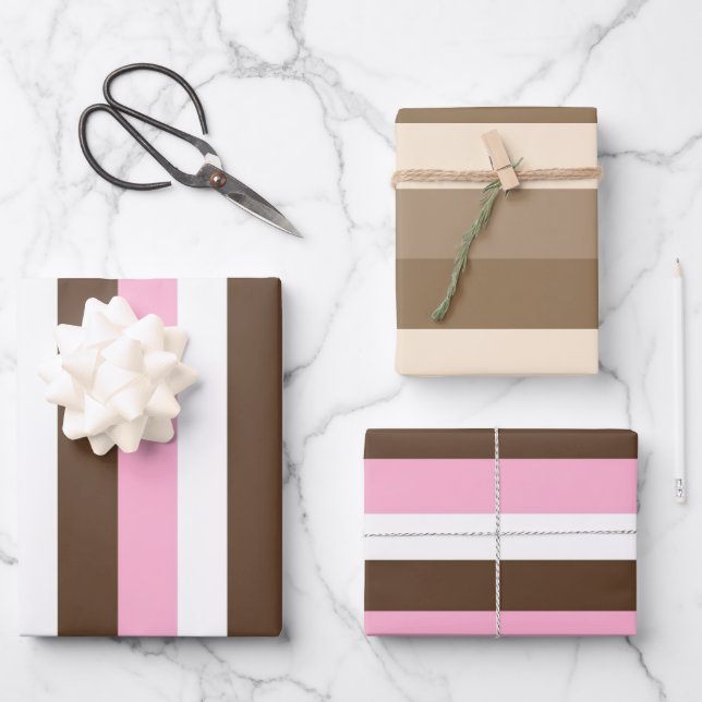 Pink, Chocolate and White Stripes Birthday Wrapping Paper Sheet (Front)