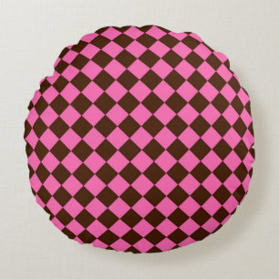 Pink Chocolate Brown Chequered Diamond Pattern Round Cushion