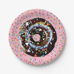 Pink Chocolate Doughnut with Sprinkles  Paper Plat Plate