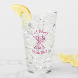 Pink Christian Chi Ro Cross Name and God Bless Glass