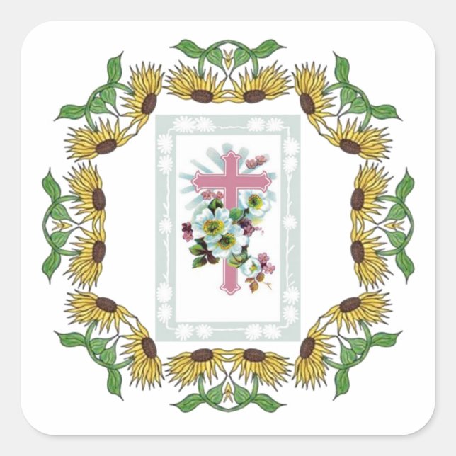 Pink Christian Cross Square Sticker (Front)