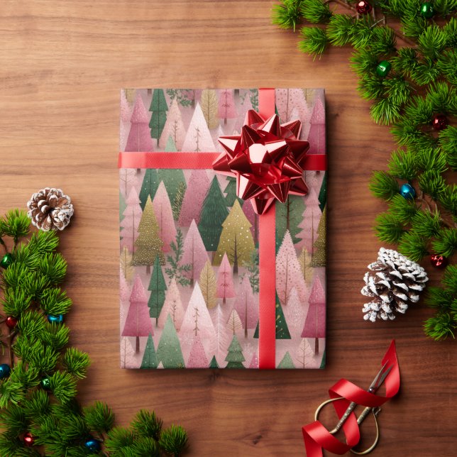 Pink Christmas Art with Gold Branches Wrapping Paper (Holiday Gift)