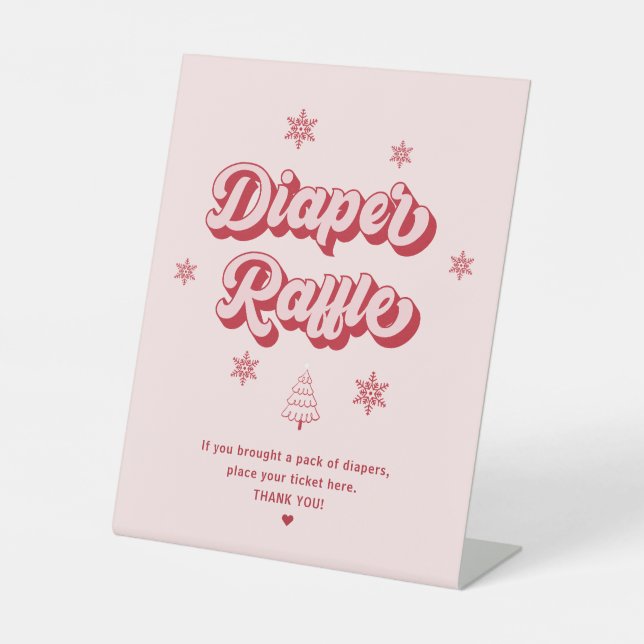 Pink Christmas Baby Shower Diaper Raffle Pedestal Sign (Front)