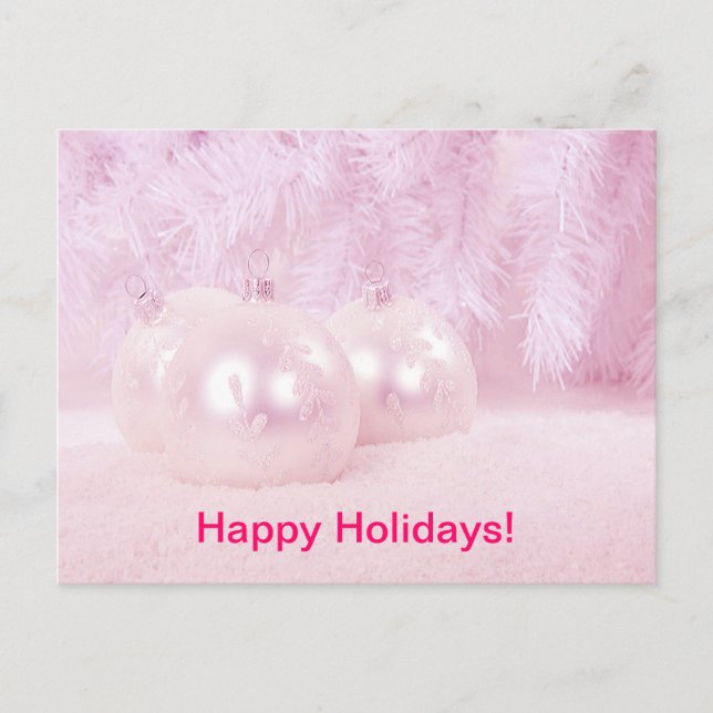 Pink Christmas Balls on Snow with Pink Background Holiday Postcard (Front)