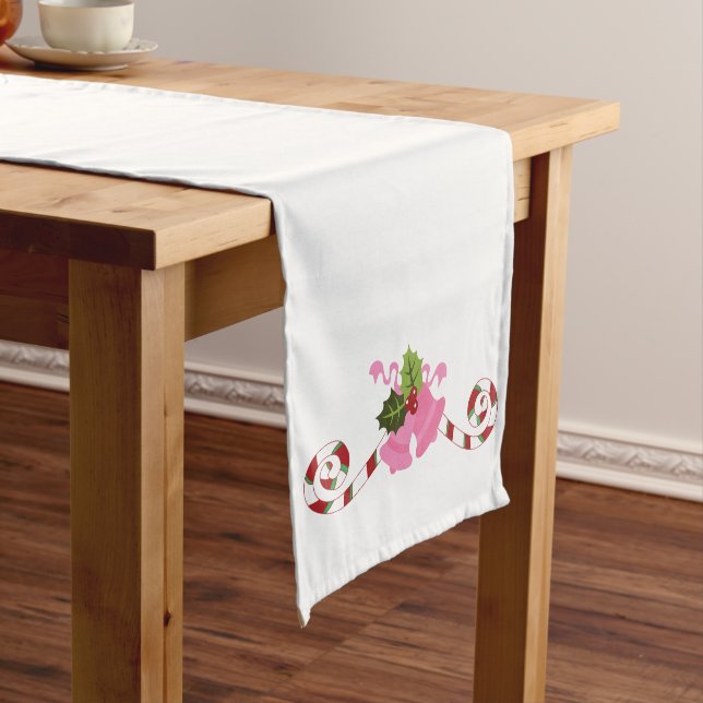 Pink Christmas Bells and Candy Canes Medium Table Runner (In Situ)