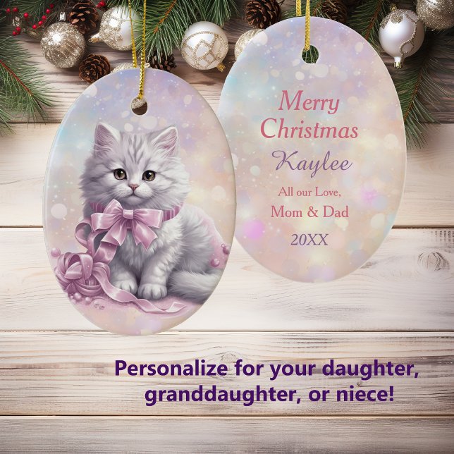 Pink Christmas Bow White Kitten Kids Ceramic Tree Decoration (Creator Uploaded)