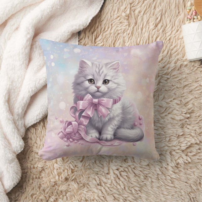 Pink Christmas Bow White Kitten Kids Cushion (Blanket)