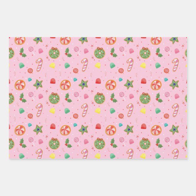 Pink Christmas Candy Wrapping Paper (Front)