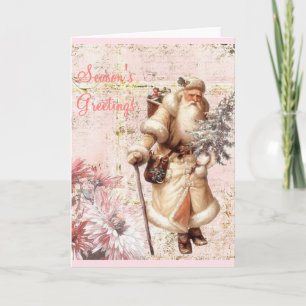 pink Christmas card and Santa