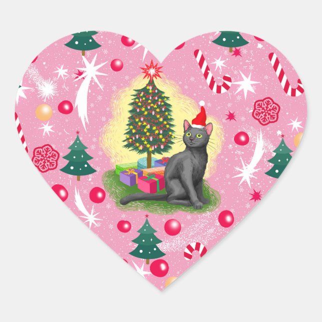 Pink Christmas Cat Heart Sticker (Front)