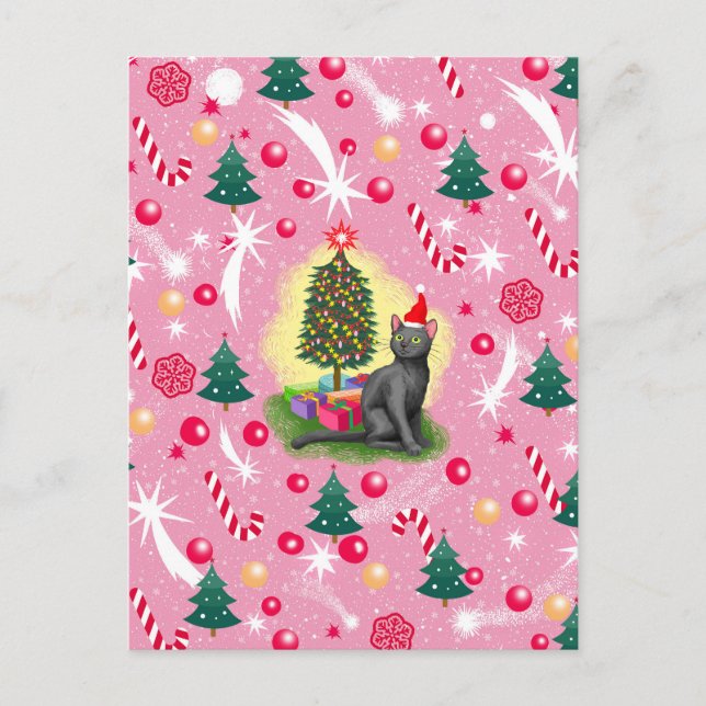 Pink Christmas Cat Holiday Postcard (Front)