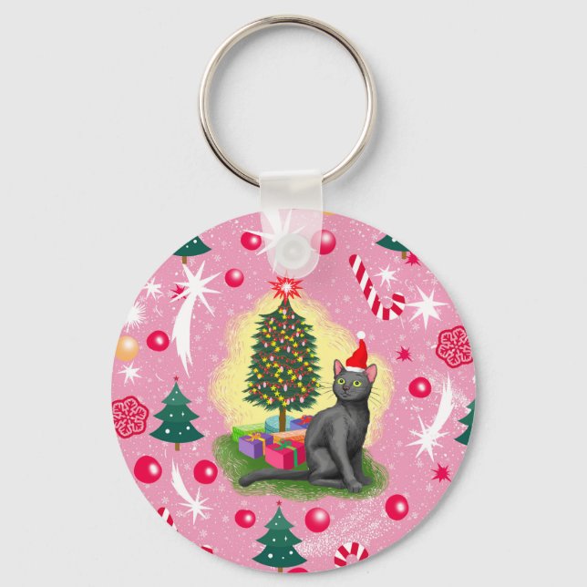 Pink Christmas Cat Key Ring (Front)