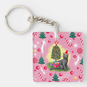 Pink Christmas Cat Key Ring