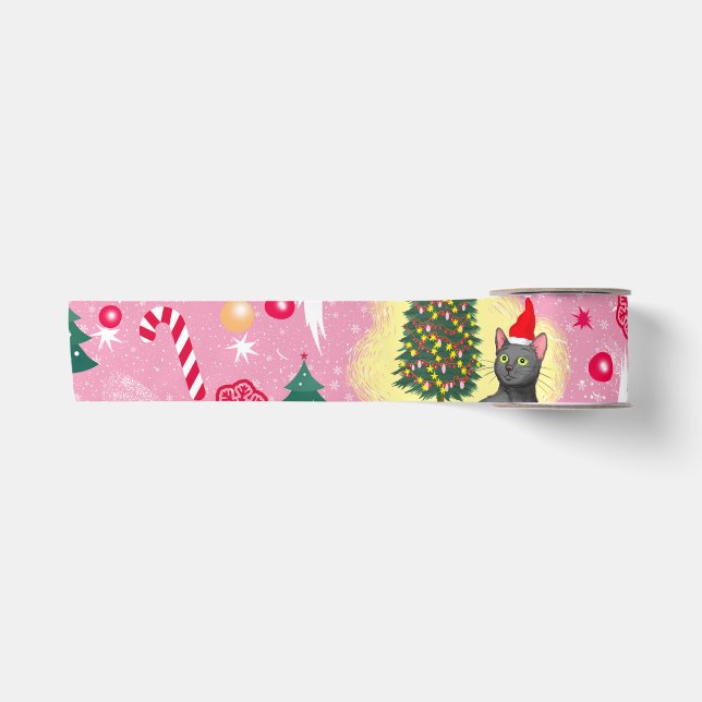 Pink Christmas Cat Satin Ribbon (Front)